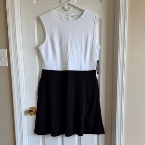 New York & Company White and Black Sleeveless Fit-and-Flare Dress